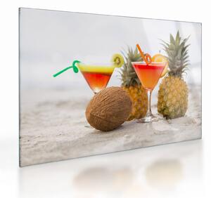 Tablou pe sticlă cu ananas și pahare pe plajă (70x50 cm)