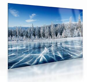 Tablou pe sticlă cu lacul înghețat și copacii înzăpeziți (70x50 cm)