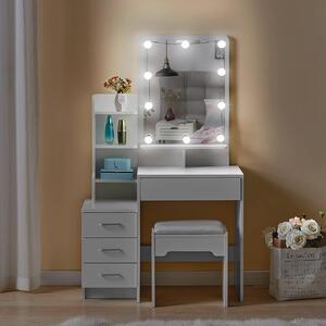 SEA427 - Set Masa toaleta, 87 cm, cosmetica machiaj, oglinda cu LED, masuta vanity, scaun tapitat - Alb