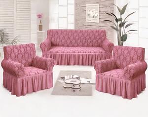 Set huse elastice pentru canapea 3 Locuri si 2 fotolii, cu volanas, model Jacquard Roz