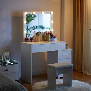 SEA425 - Set Masa toaleta, 80 cm, cosmetica machiaj, oglinda cu LED, masuta vanity, scaun tapitat - Alb