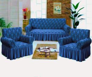 Set huse elastice pentru canapea 3 Locuri si 2 fotolii, cu volanas, model Jacquard Albastru