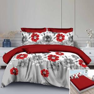 Lenjerie de pat, 2 persoane, finet, 6 piese, cu elastic, gri și rosu, cu flori rosii, LEL310
