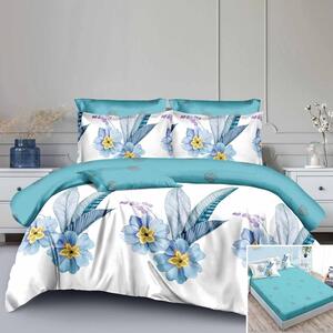 Lenjerie de pat, 2 persoane, finet, 6 piese, cu elastic, albastru si alb, cu flori albastre, LEL307