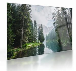 Tablou pe sticlă lacului în pădure (70x50 cm)