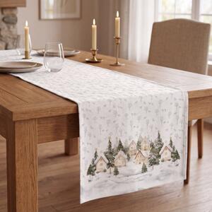 Napron Craciun bumbac 100% 40x200cm cu brazi si casute, Snowy