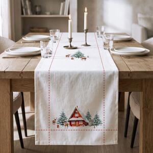 Napron Craciun bumbac 100% cu cabane si brazi 40x200cm, Cabin