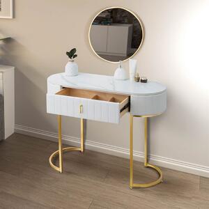 SEA75 - Set Masa toaleta, 100 cm, cosmetica, masa machiaj cu oglinda, cu sau fara scaun, masuta vanity - Alb-Auriu