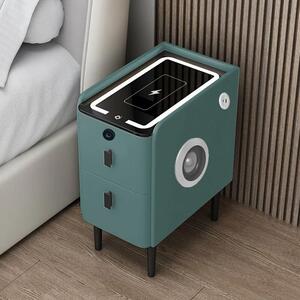Noptiera inteligenta slim cu incarcare wireless, iluminare LED, difuzor Bluetooth, port USB & Type-C si sistem cu amprenta – culoare verde, 2 sertare, design modern din sticla si lemn