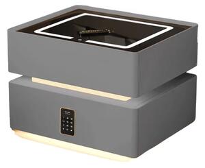 Noptiera inteligenta cu incarcare wireless, iluminare LED, 2 sertare de depozitare, senzor de lumina nocturna si incuietoare codificata – gri antracit, design modern din sticla si lemn
