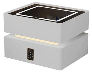 Noptiera inteligenta cu incarcare wireless, iluminare LED, 2 sertare de depozitare, senzor de lumina nocturna si incuietoare codificata – alba, design modern din sticla si lemn