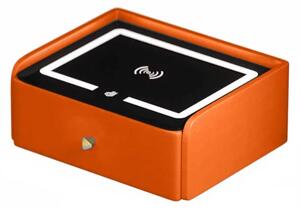 Noptiera inteligenta cu incarcare wireless, iluminare LED, 1 sertar de depozitare – portocalie, design modern din sticla si lemn