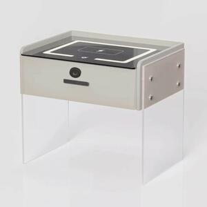 Noptiera inteligenta cu incarcare wireless, iluminare LED, 1 sertar de depozitare, difuzor Bluetooth si inchidere prin amprenta – alba, design modern din sticla si lemn