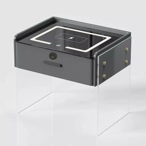 Noptiera inteligenta cu incarcare wireless, iluminare LED, 1 sertar de depozitare, difuzor Bluetooth si inchidere prin amprenta – gri antracit, design modern din sticla si lemn