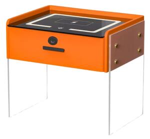 Noptiera inteligenta cu incarcare wireless, iluminare LED, 1 sertar de depozitare, difuzor Bluetooth si inchidere prin amprenta – portocalie, design modern din sticla si lemn