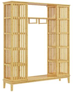 HOMCOM Dulap Deschis din Bambus cu 2 Uși Glisante, Garderobă cu Rafturi și Bară de Haine, 145x35x165 cm, Lemn Natural | Aosom Romania