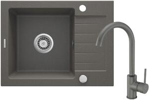 Deante Zorba, chiuveta granit 580x440x164 mm Z/KO, 3.5" + sifon cu economie de spatiu, 1 camera + baterie Nemezja, atracit metalic, ZQZAT11A