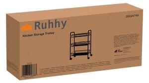 Raft bucatarie, organizator mobil cu 3 cosuri depozitare, 4 carlige, 4 roti, fier, 65x25x44 cm