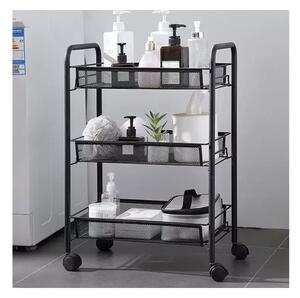 Raft bucatarie, organizator mobil cu 3 cosuri depozitare, 4 carlige, 4 roti, fier, 65x25x44 cm
