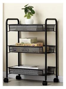 Raft bucatarie, organizator mobil cu 3 cosuri depozitare, 4 carlige, 4 roti, fier, 65x25x44 cm