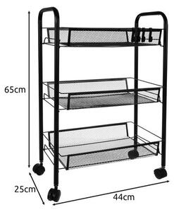 Raft bucatarie, organizator mobil cu 3 cosuri depozitare, 4 carlige, 4 roti, fier, 65x25x44 cm