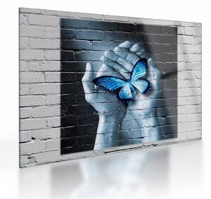 Tablou pe sticlă cu flutere albastru pe perete (70x50 cm)