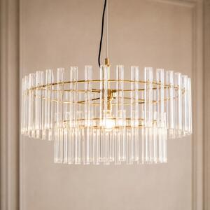 Lucande Lampă suspendată Leanna, transparentă/alamă, Ø 54 cm, sticlă, reglabil, Transparent, Camera de zi / sufragerie, Sticlă, Modern
