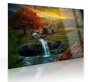 Tablou pe sticlă cu căbănuță în peisaj de poveste (70x50 cm)