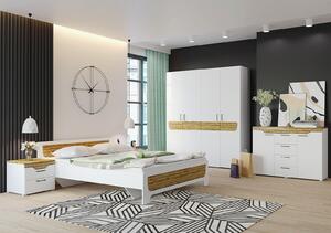 Set Dormitor MILANA, 5 piese, pat 160x200 cm, dulap 4 usi, comoda, 2 noptiere, corp PAL alb, fronturi PAL alb cu decor MDF