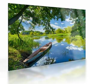 Tablou pe sticlă cu râu de vară și barcă (70x50 cm)