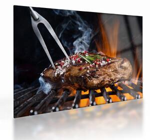 Tablou pe sticlă cu steac pe grill (70x50 cm)