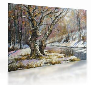 Tablou pe sticlă cu peisaj de iarnă pictat (70x50 cm)