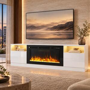 Comodă TV cu șemineu electric LED integrat – 178×35×59 cm, 12 culori flacără, Încălzire 750/1500 W, Telecomandă, Alb
