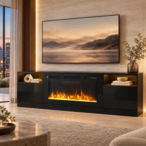 Comodă TV cu șemineu electric LED integrat – 178×35×59 cm, 12 culori flacără, Încălzire 750/1500 W, Telecomandă, Negru