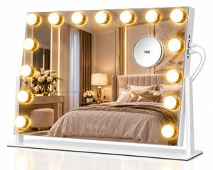 Oglindă cosmetică, sistem iluminare LED cu 3 culori, Luminozitate reglabilă, Senzor Tactil, Port încărcare USB+Type C, Oglindă de mărire 10X, Alb
