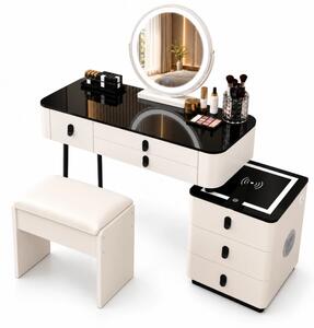 Set MARGOT LONG – Masă de Toaletă pentru Machiaj, Oglindă Alba iluminată LED, Control Touch, 6 sertare, Comoda, Difuzor Bluetooth, Zona încărcare fără fir + USB, Taburet, Alb, 100x40x75 cm