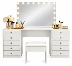Set VENUS – Masă de Toaletă pentru Machiaj, Oglindă Iluminată LED, Control Touch, Incarcare USB, 10 sertare, Alb