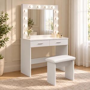 Set LUNA – Masă de Toaletă pentru Machiaj, Oglindă Iluminată, Becuri LED, 2 sertare, Taburet, Alb