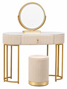 Set BOHEMIA LONG – Masă de Toaletă pentru Machiaj, Oglindă Iluminată LED, Control Touch, Sertar, Taburet, 100x40x75 cm, Bej