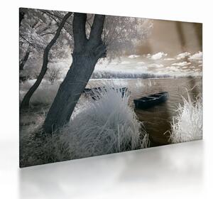 Tablou pe sticlă cu barca pe lac (70x50 cm)