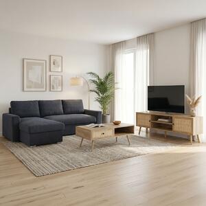 Set mobilier studenti coltar reversibil extensibil, masuta de cafea si comoda TV, 3 buc, Flux, Stejar, 236x164x88 cm