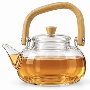 Ceainic din sticla borosilicata cu maner si capac din lemn, design elegant, stil japonez, pentru prepararea si servirea ceaiului, 1 L