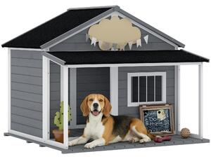 PawHut Casuță din Lemn de Exterior pentru Câini, Cușcă pentru Câini cu Terasă, Fereastră și Acoperiș Impermeabil, 124x112x105 cm, Gri | Aosom Romania