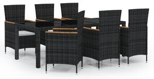 Set mobilier de exterior cu perne, 7 piese, negru, poliratan