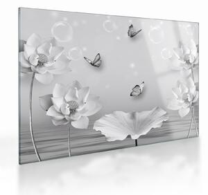 Tablou pe sticlă - Design flori și fluturi (70x50 cm)