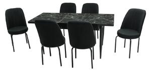 Set masă extensibilă Aris Negru Marmorat cu 6 scaune Athos Negru