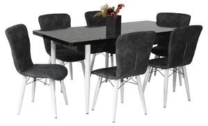Set masă extensibilă Aris Negru Marmorat cu 6 scaune Artur Gri Închis Picior Alb