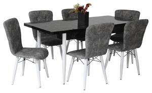 Set masă extensibilă Aris Negru Marmorat cu 6 scaune Artur Gri Deschis Picior Alb