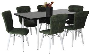Set masă extensibilă Aris Negru Marmorat cu 6 scaune Artur Verde Picior Alb