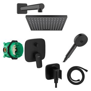 Set de duș, Hansgrohe, cu baterie Logis, pălărie Vernis Shape 230 și pară de duș, cot racord și furtun, negru mat